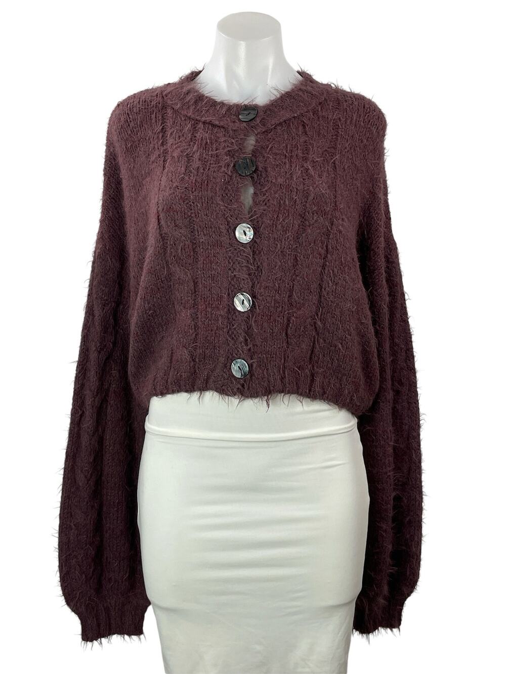 Free People Willow Brown Wool Long Balloon Sleeve Crop Cardigan Sweater Top M